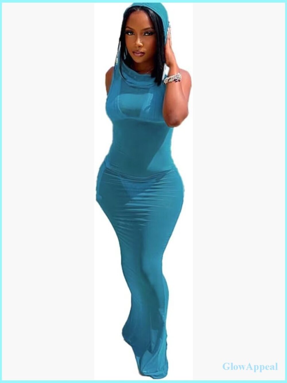 3 Piece Swimsuit Halter Bikini Set with Sheer Mesh Maxi Cover Up Dress
